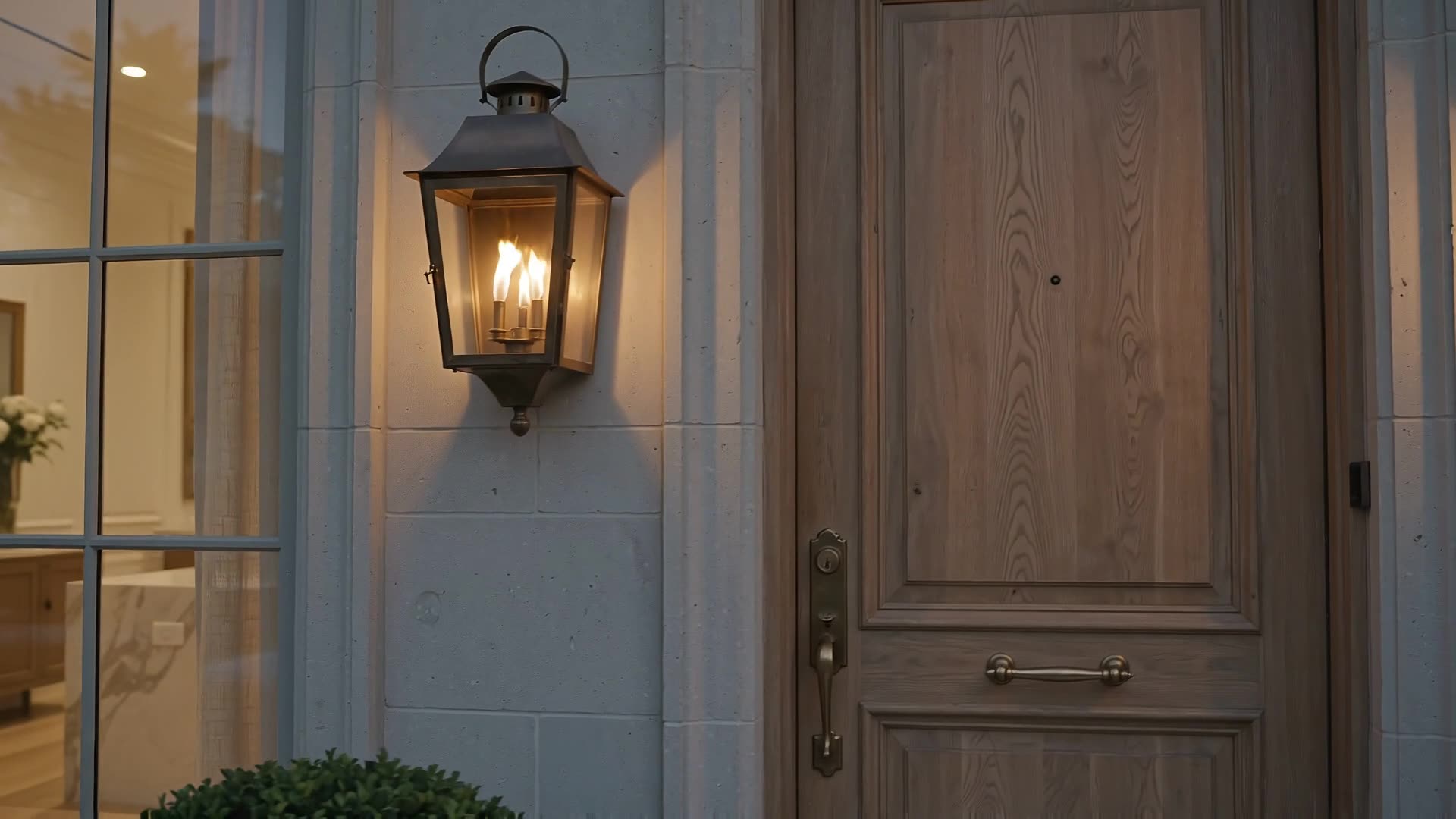 A warmly lit home at dusk, lights on